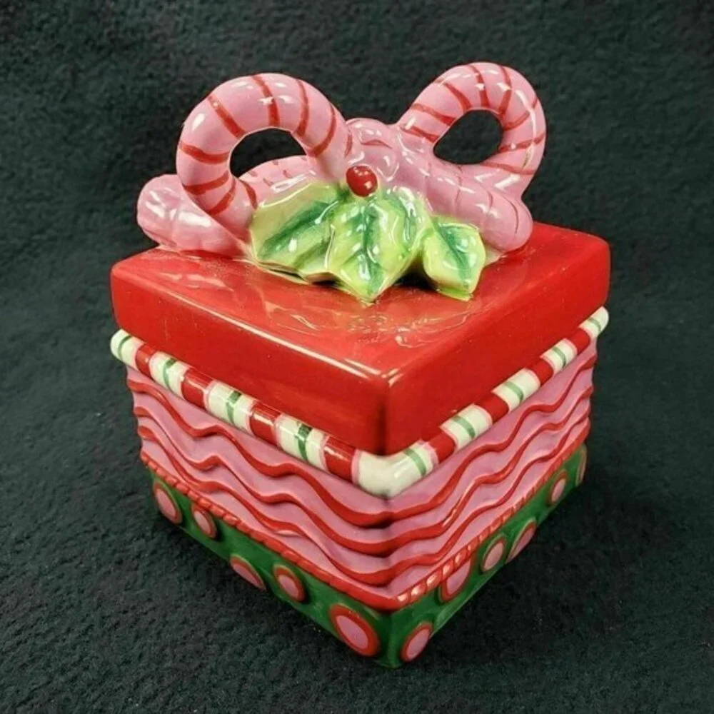 Fitz and Floyd Candy Jar Trinket Box Holiday Sweet Holiday Christmas Lidded READ